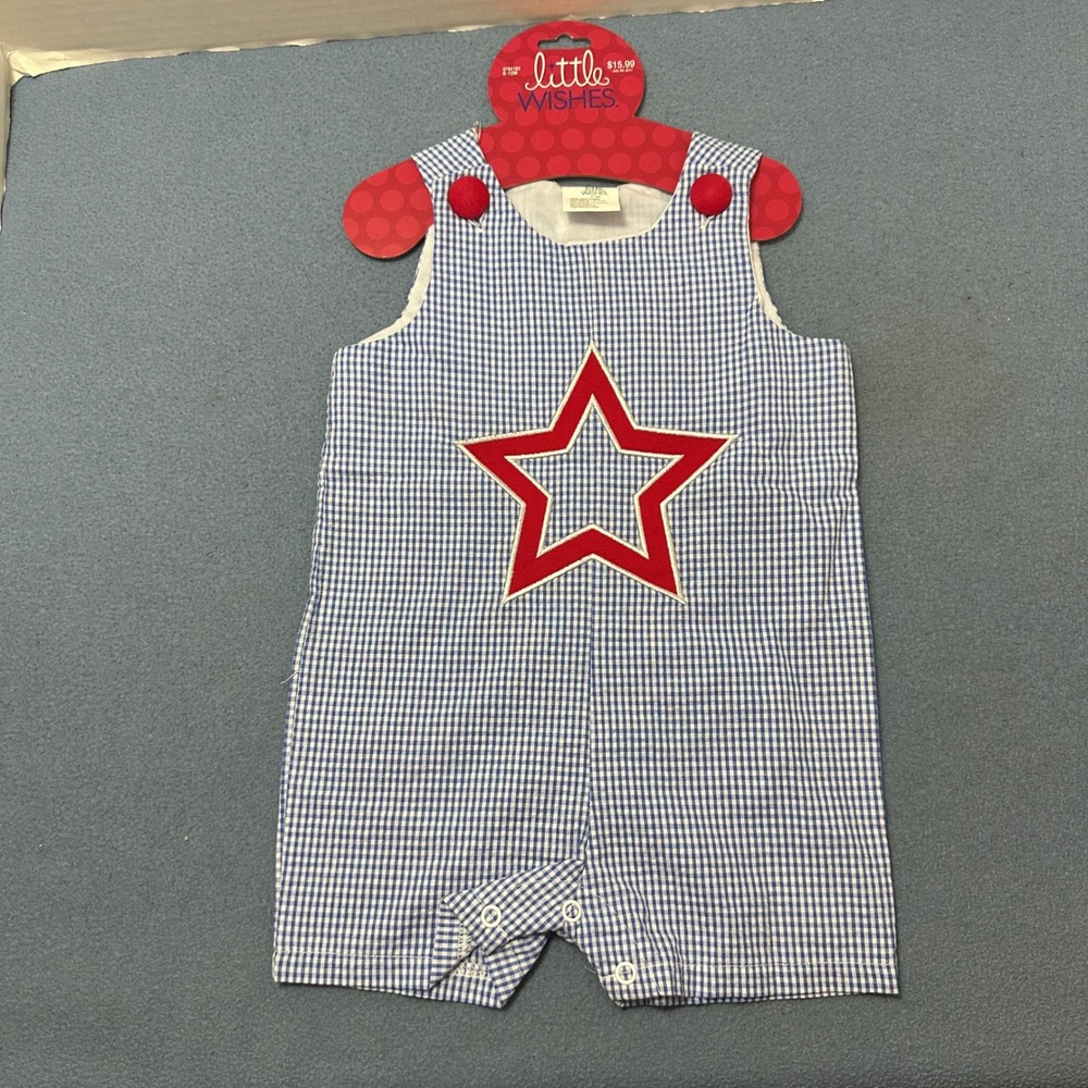 Little Wishes Baby Boys Blue Gingham Star‎ Jon Jon Romper 6-12M 4th of July